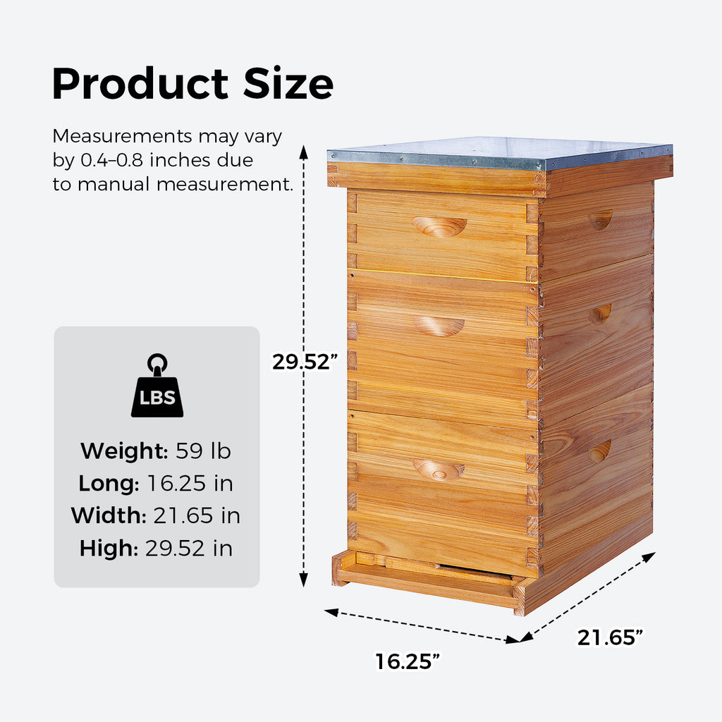 VLoveBee 10-Frame 3-Layer Cedar Wood Langstroth Bee Hive Kit - Complete Wax Dipped Logo-Free Beehive with 2 Deep Boxes, 1 Medium Super, Frames & Foundations