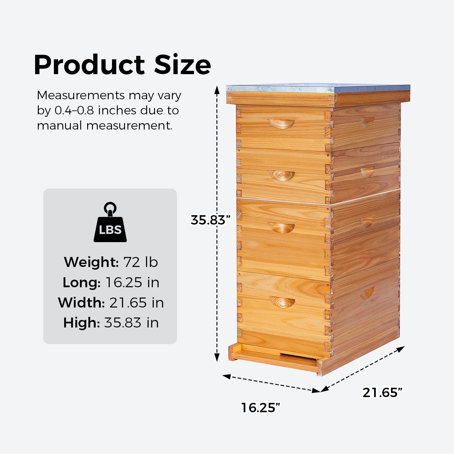 VLoveBee 10-Frame 4-Layer Cedar Wood Bee Hive Kit – Complete Logo-Free Langstroth Beeswax Dipped Unassembled Hive Includes 2 Deep Boxes and 2 Medium Supers with 40 Plastic Foundation & Wooden Frames